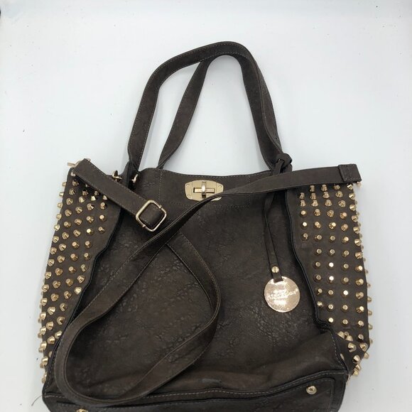 ALEX MAX Large Vegan Leather Tote Bag Brown with Gold Studs Crossbody Strap - Picture 1 of 9